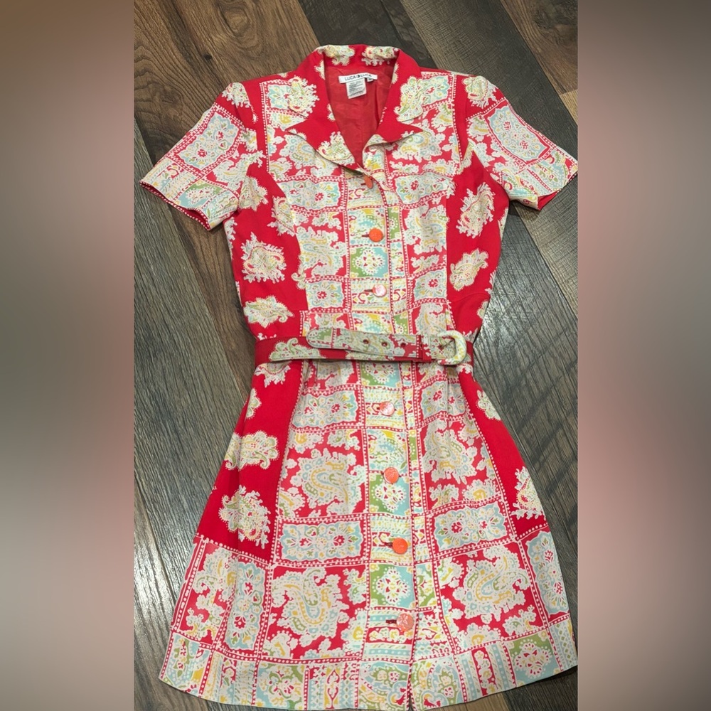 Luca Luca Silk Paisley-Print Belted Midi Shirt Dress size 40/4 US.